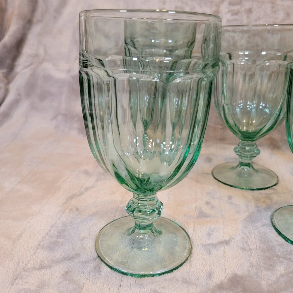 VTG Libbey Duratuff Goblets Set‎ of 5 Spanish Green Paneled Iced Tea Glass 12oz